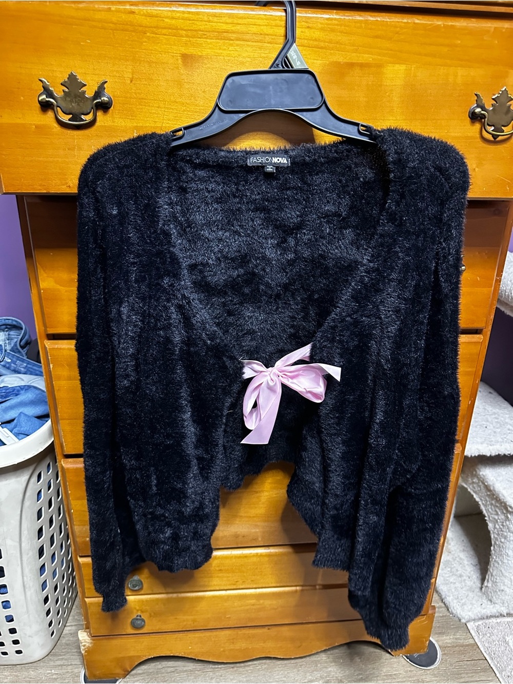 Fashion Nova Black Fuzzy Cardigan with Pink Ribbon Tie
